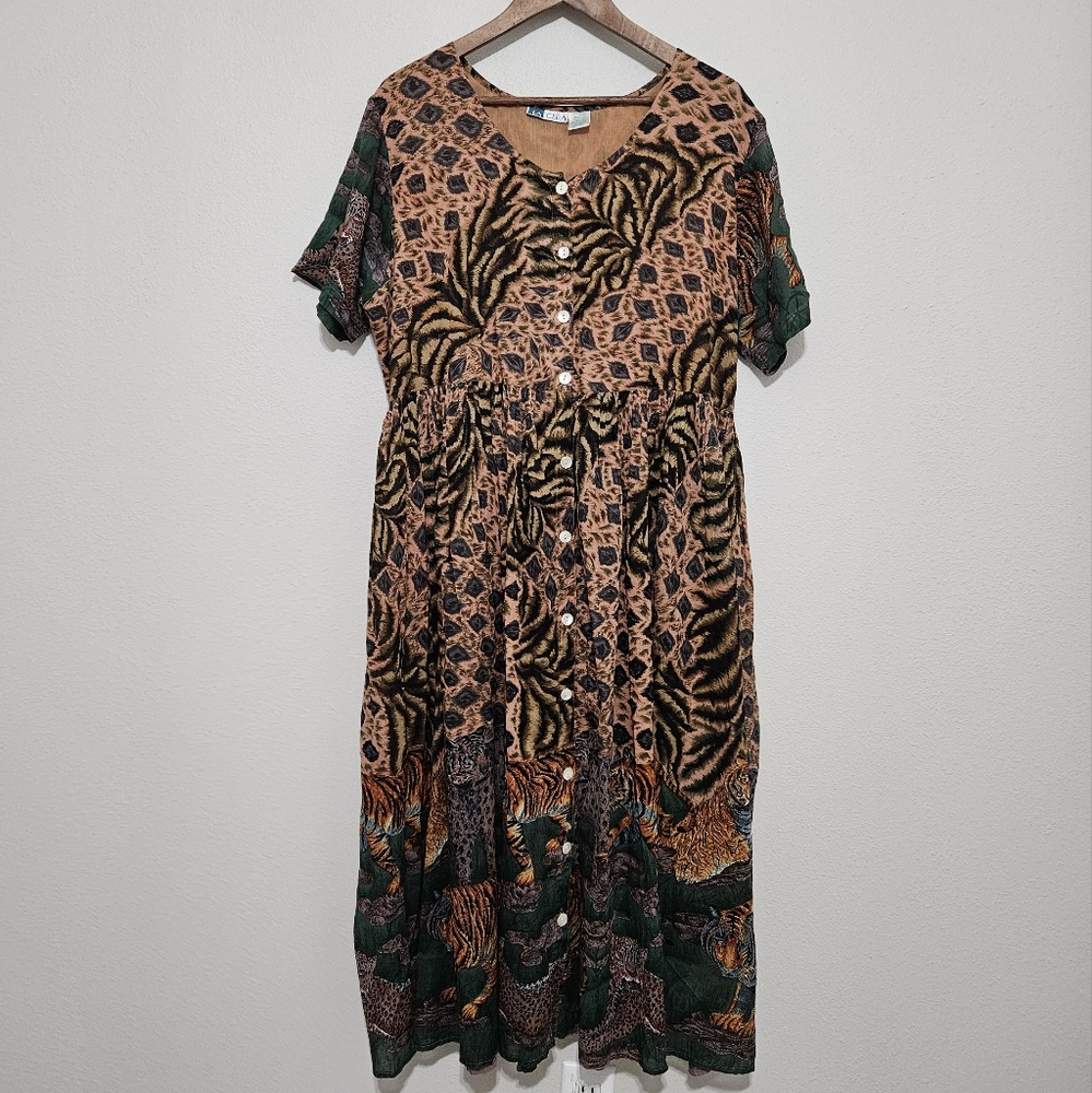 La Cera Vintage Jungle Tiger Midi Shirt Dress XL